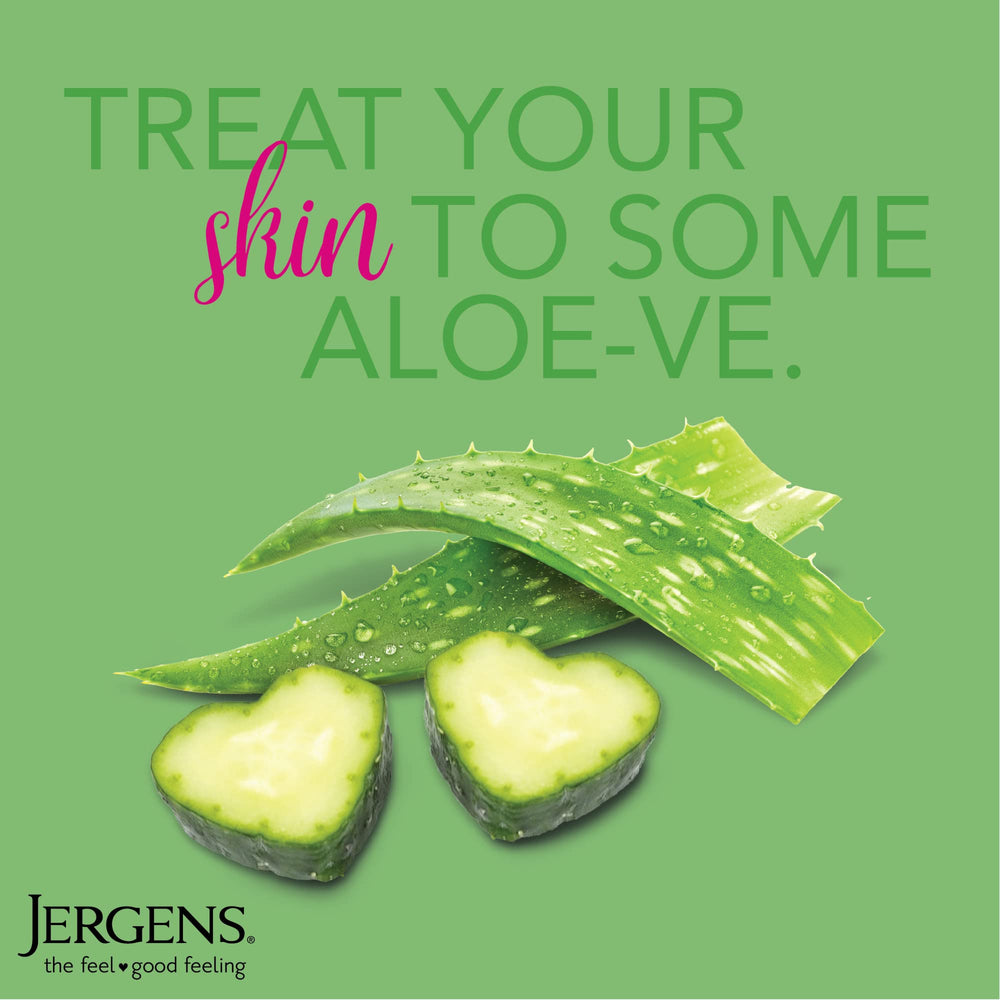 Jergens bottle showcases cucumber extract for daily moisture.