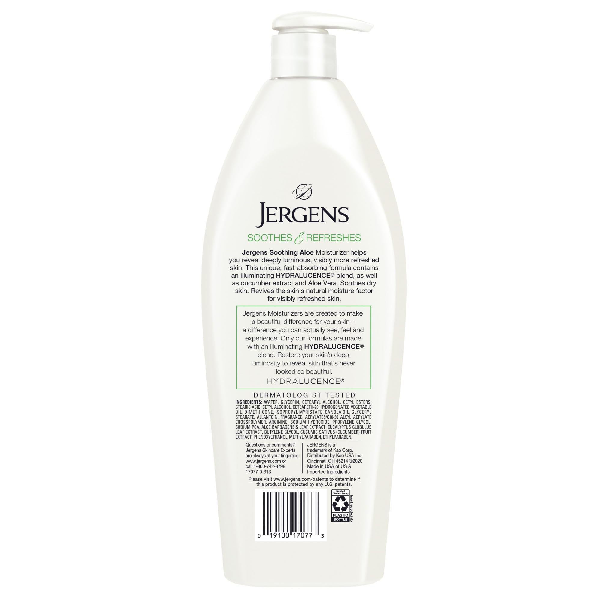 Jergens 21-ounce bottle resting on a bathroom counter.