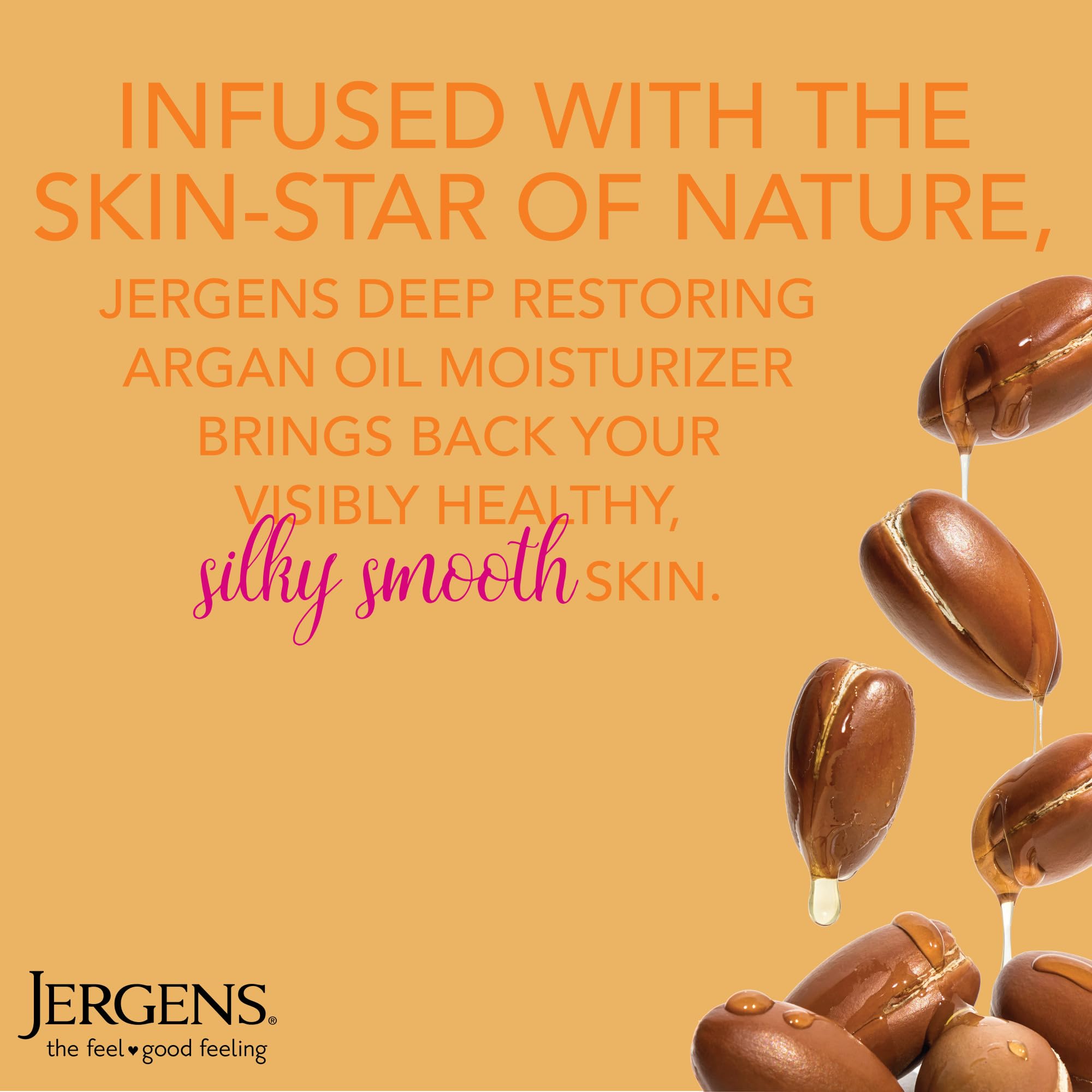 Jergens Deep Restoring Argan Oil Moisturizer pump bottle shows easy, mess-free hand and body hydration.