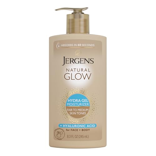 Jergens Natural Glow Hydra Gel: botella visible y hidratación ligera para tono natural.