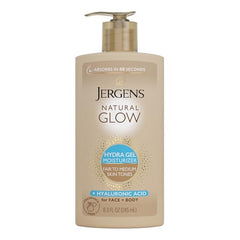 Jergens Natural Glow Hydra Gel: botella visible y hidratación ligera para tono natural.