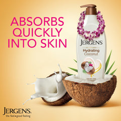 Jergens Hydrating Coconut Body Lotion applied to the arm for quick absorption.