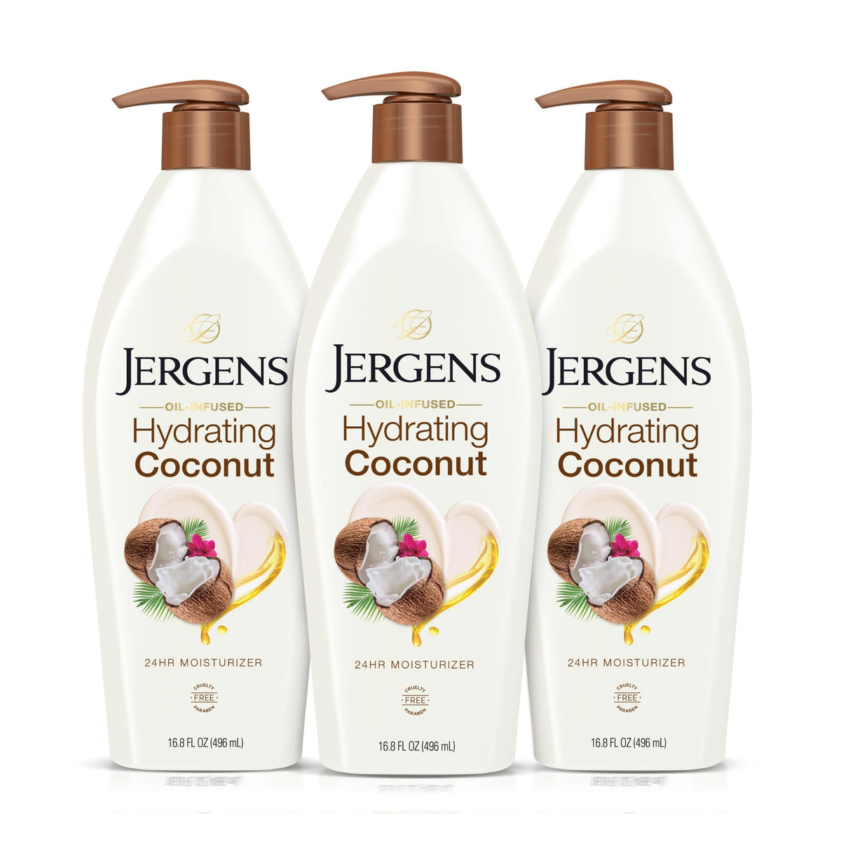 Jergens Hydrating Coconut Body Lotion bottle delivers long-lasting moisture.