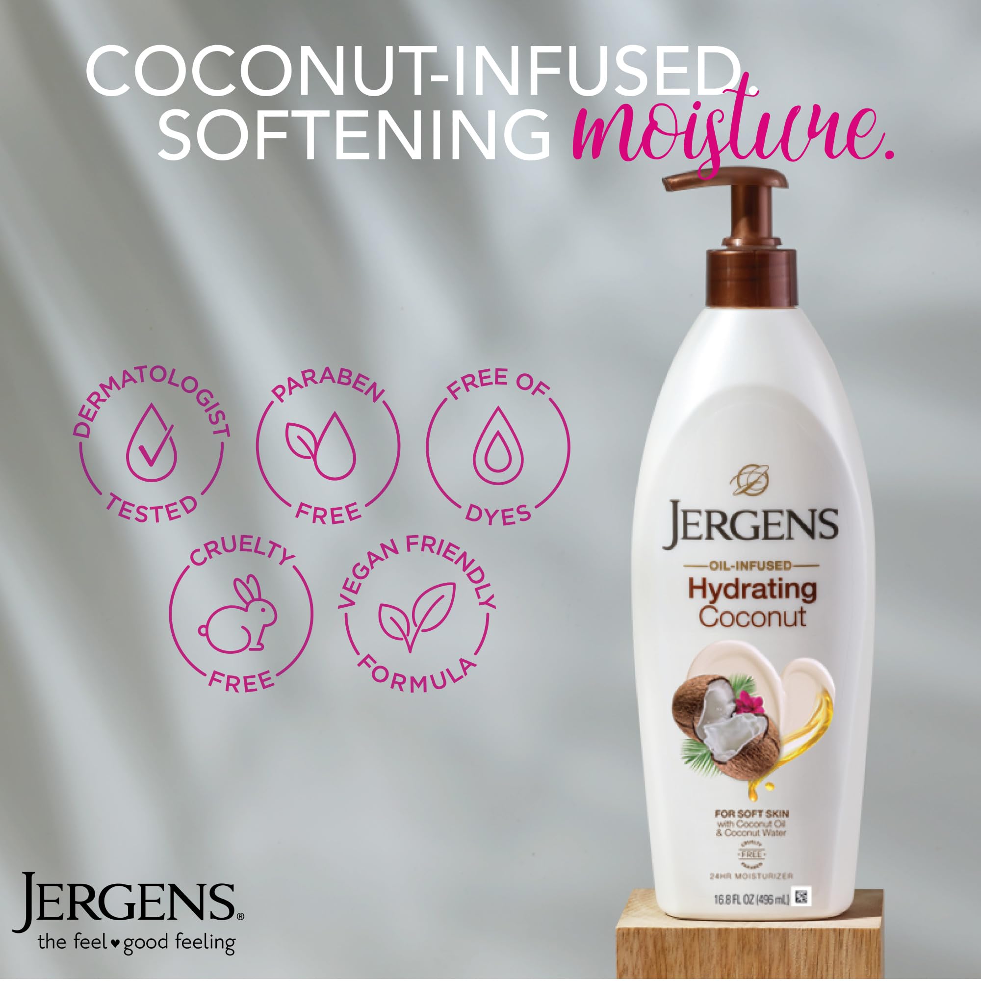 Jergens Hydrating Coconut Hand Lotion applied to the hand for fast nourishment.