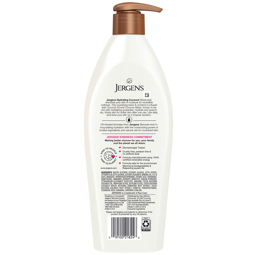 Jergens Hydrating Coconut Lotion applied to leg for dry-skin relief.