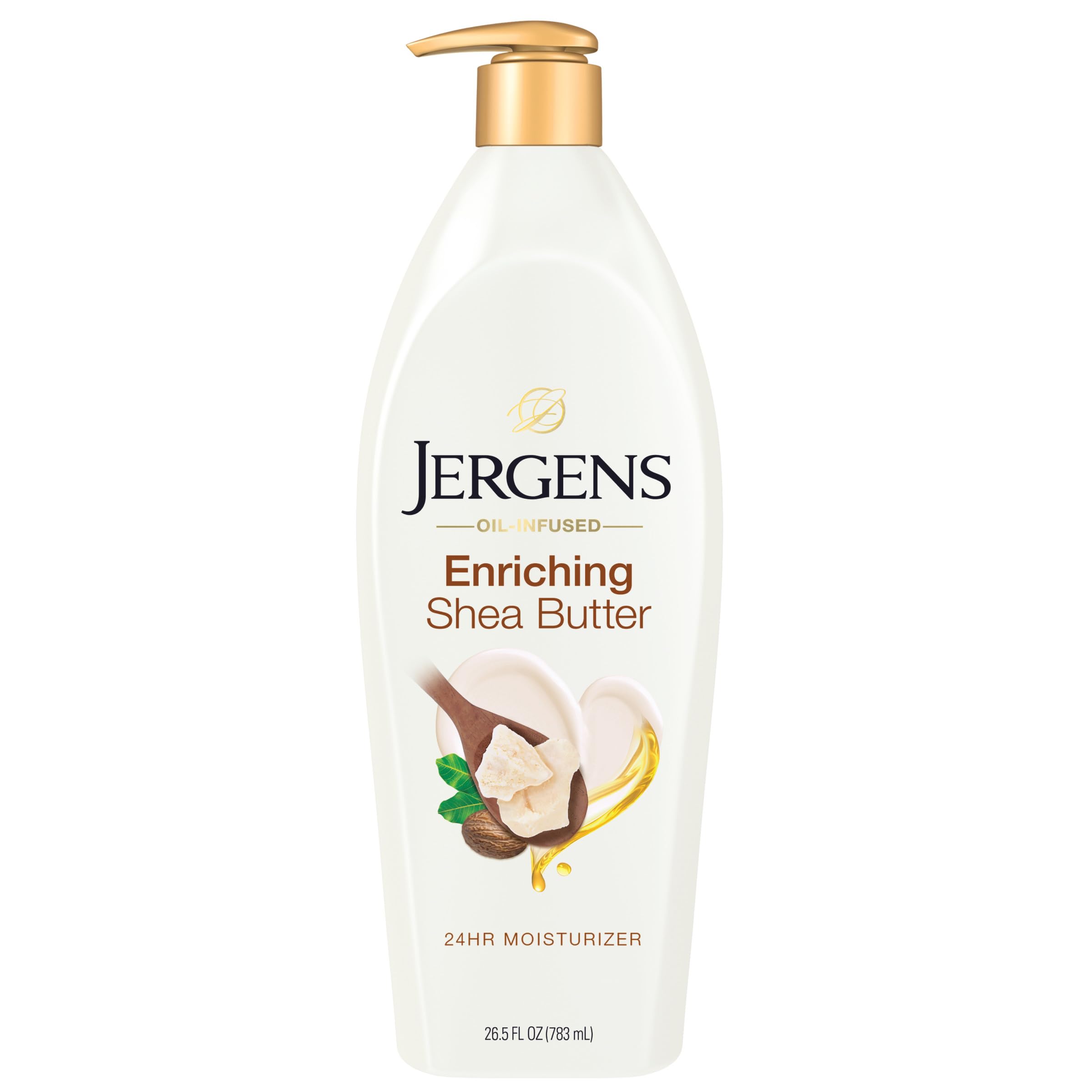 Jergens Mantequilla de Karité, botella visible, hidratación diaria para piel seca.