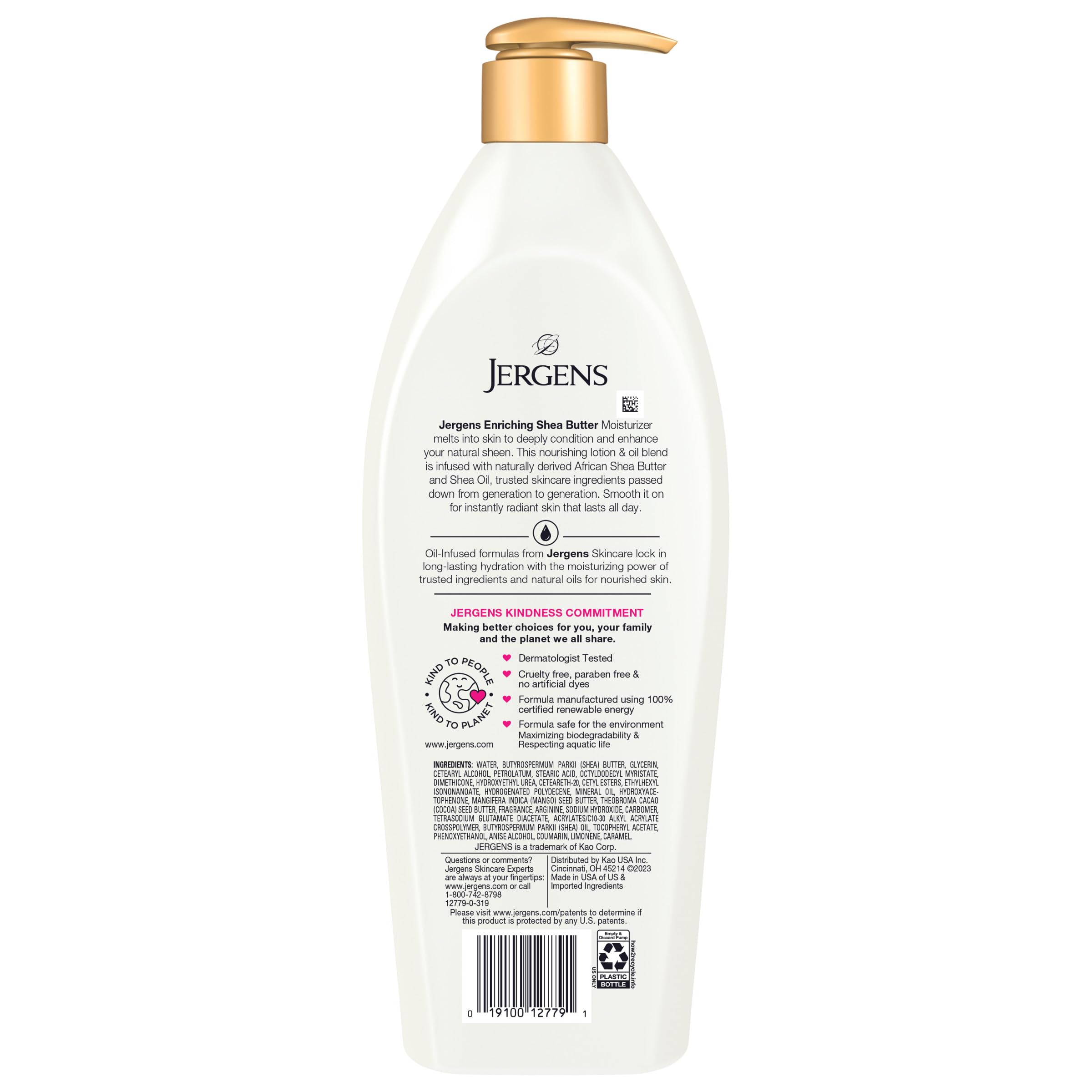 Prueba dermatológica y fórmula vegana de Jergens, libre de crueldad para el cuidado diario.
