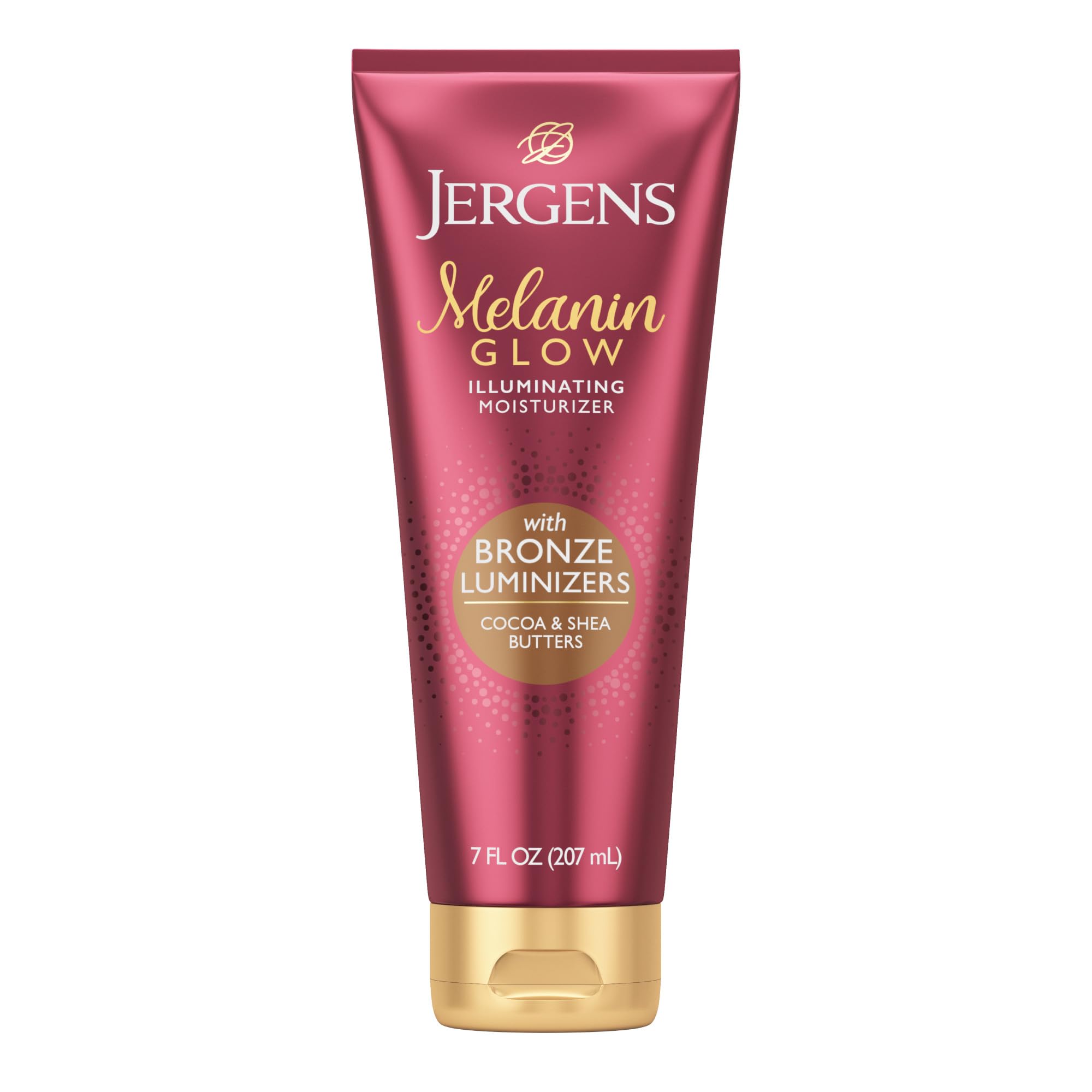 Jergens Melanin Glow Bronze Illuminating Moisturizer bottle front view showing bronze luminizers for radiant skin