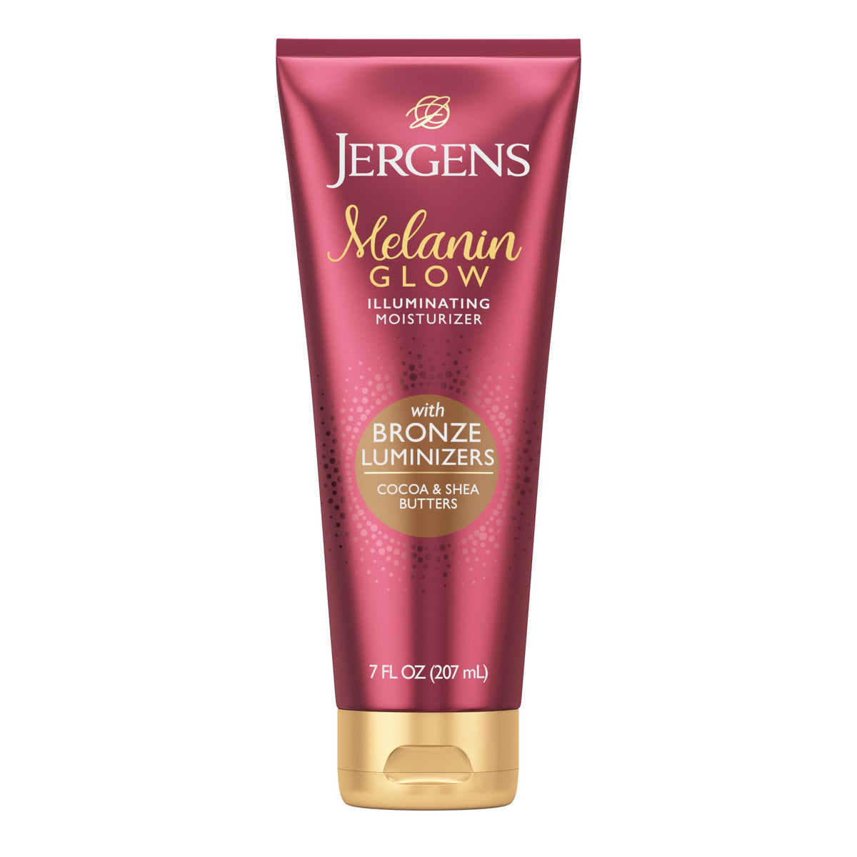 Jergens Melanin Glow Bronze Illuminating Moisturizer bottle front view showing bronze luminizers for radiant skin