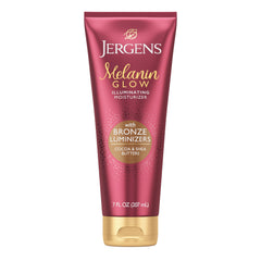 Jergens Melanin Glow Bronze Illuminating Moisturizer bottle front view showing bronze luminizers for radiant skin