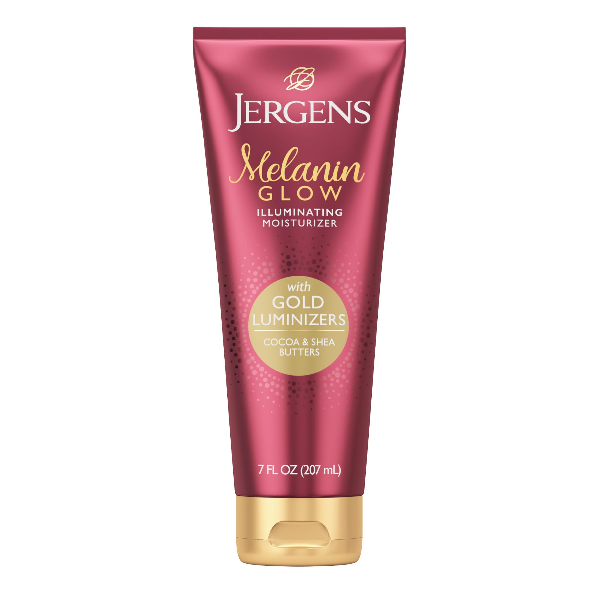 Jergens Melanin Glow bottle with gold luminizers for radiant, even-toned skin
