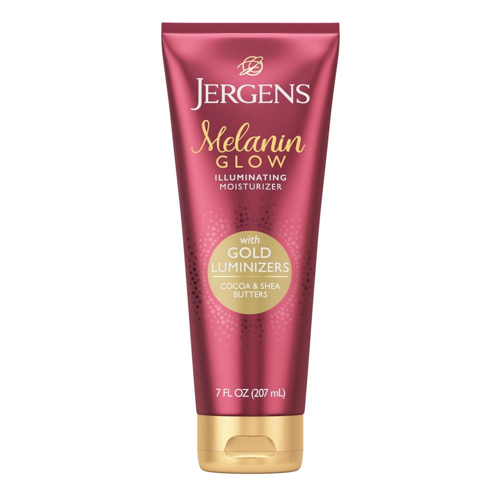 Jergens Melanin Glow bottle with gold luminizers for radiant, even-toned skin