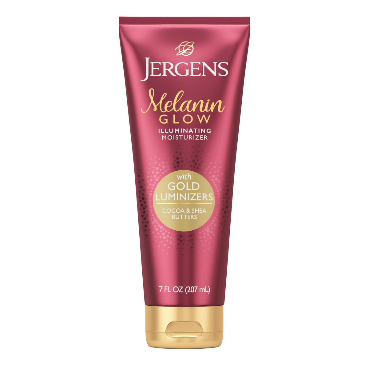Jergens Melanin Glow bottle with gold luminizers for radiant, even-toned skin
