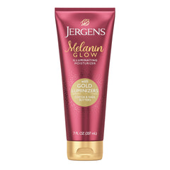 Jergens Melanin Glow bottle with gold luminizers for radiant, even-toned skin