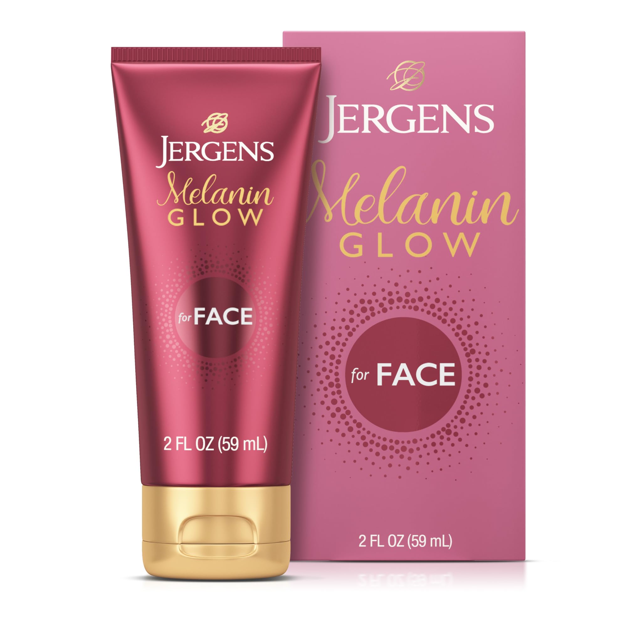 Jergens Melanin Glow crema luminadora en rostro para un resplandor interior.