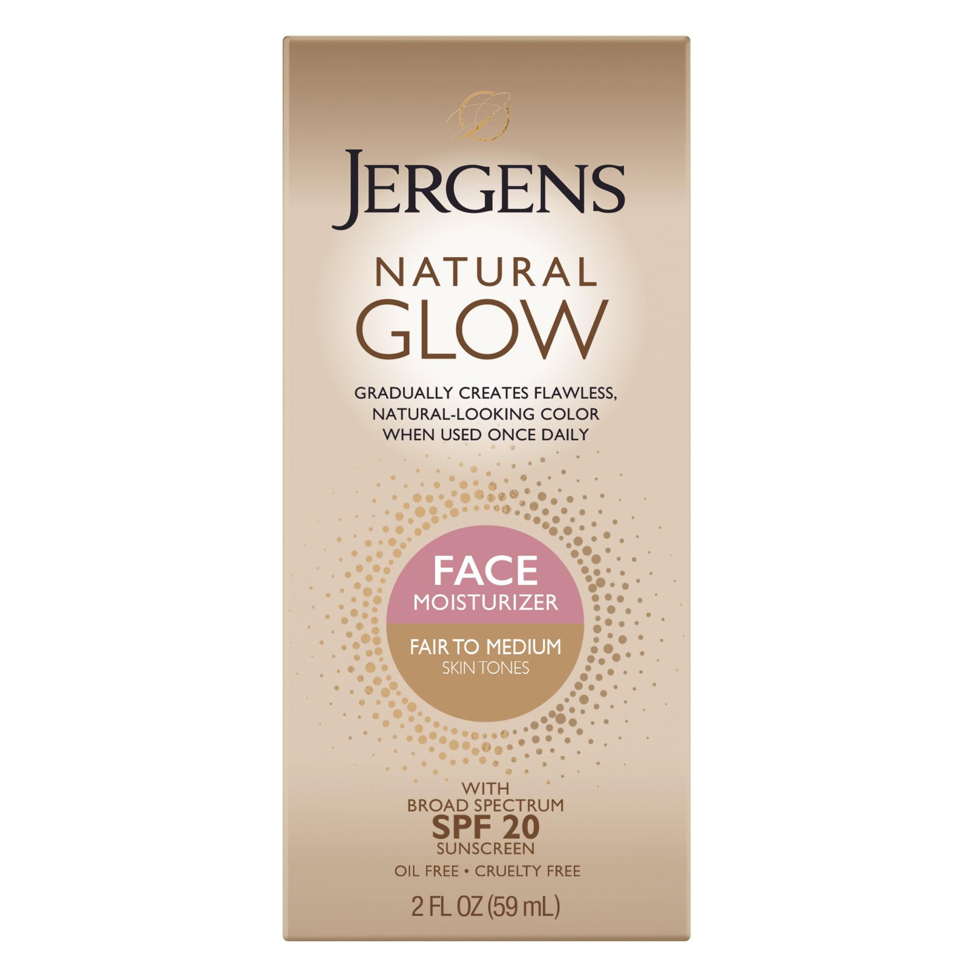 Jergens Natural Glow crema facial frente, tono suave para piel clara.