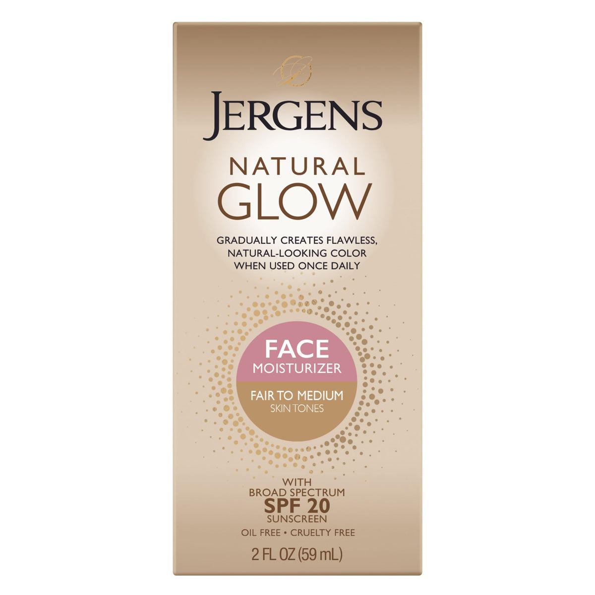 Jergens Natural Glow crema facial frente, tono suave para piel clara.