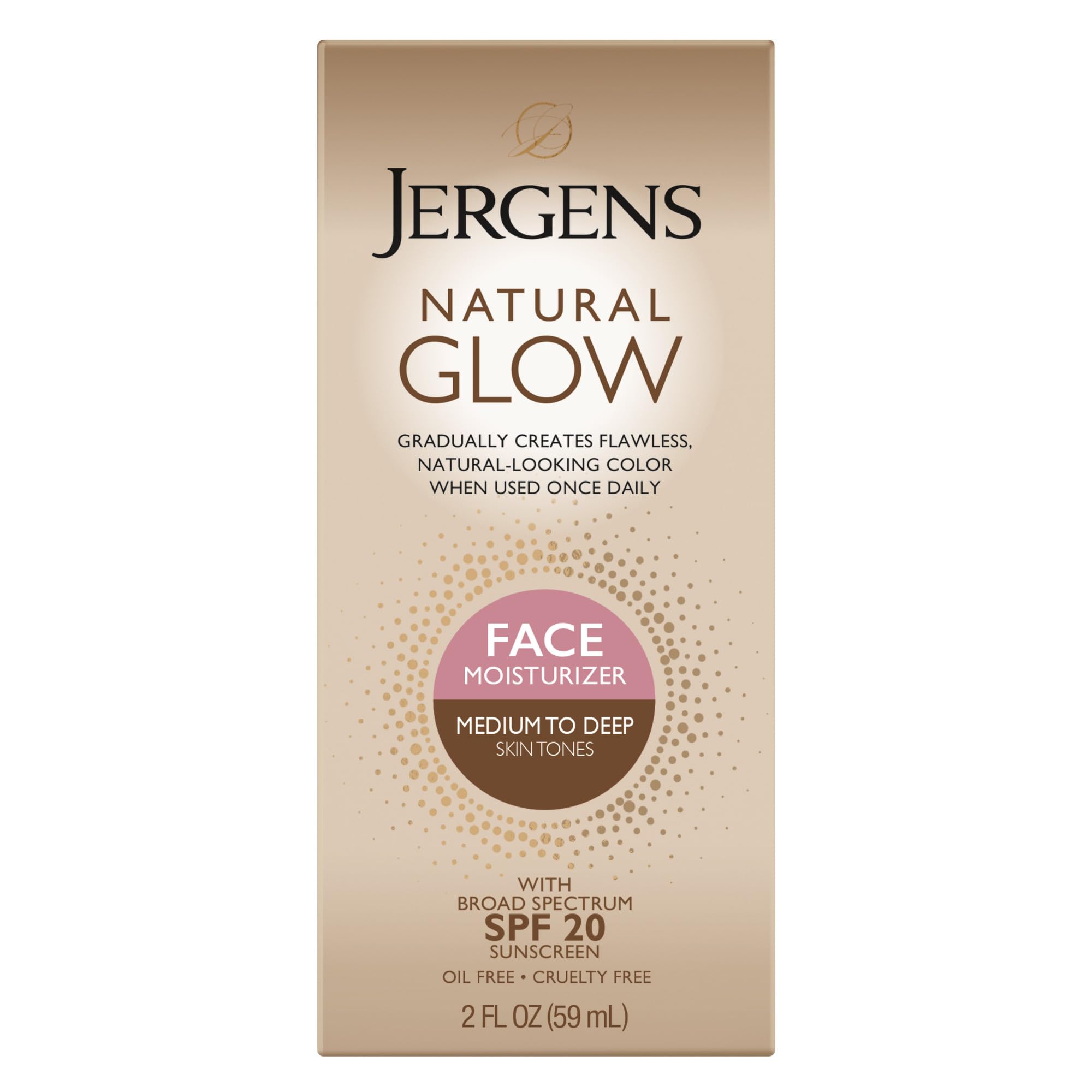Jergens Natural Glow: crema facial SPF20 en envase compacto, lista para uso diario.