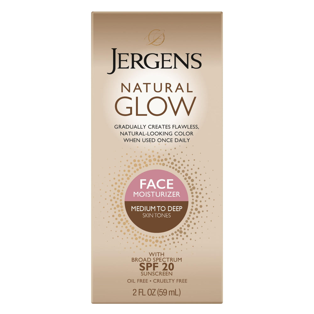 Jergens Natural Glow: crema facial SPF20 en envase compacto, lista para uso diario.