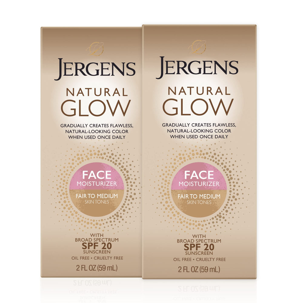 Jergens Natural Glow Face: botella de loción facial con color gradual y protección solar SPF 20.