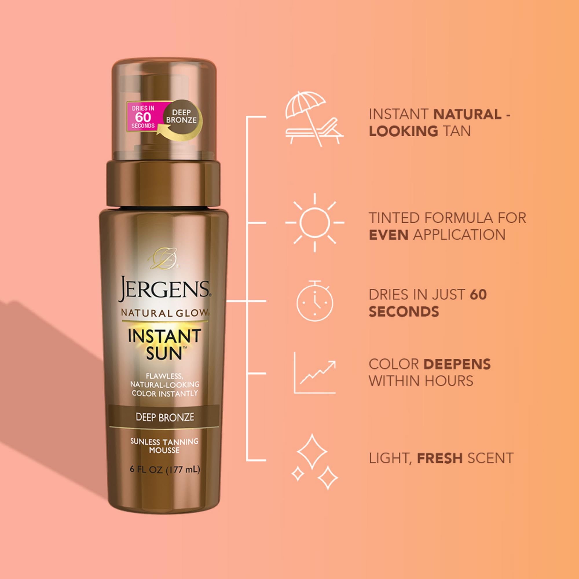 Texto de la mousse de Jergens Natural Glow, textura ligera para tono uniforme.