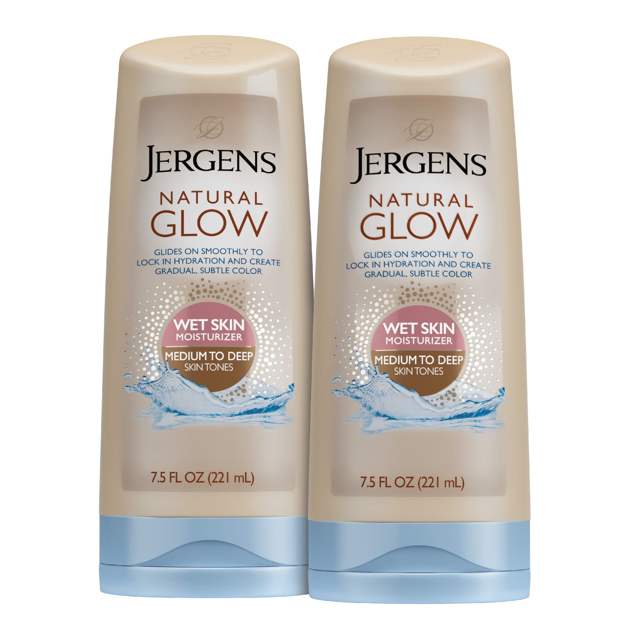 Jergens Natural Glow wet skin lotion application on damp skin for streak-free color