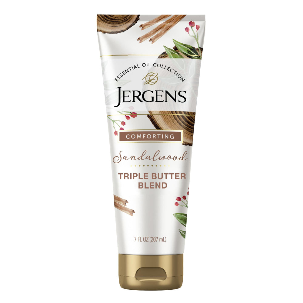 Jergens Sandalwood Body Butter jar showcases rich, hydrating cream