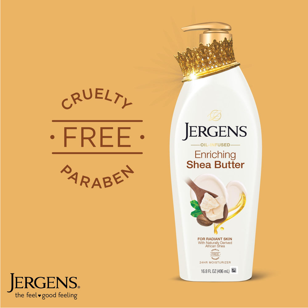 Jergens Shea Butter Lotion being applied to hand for silky hydration