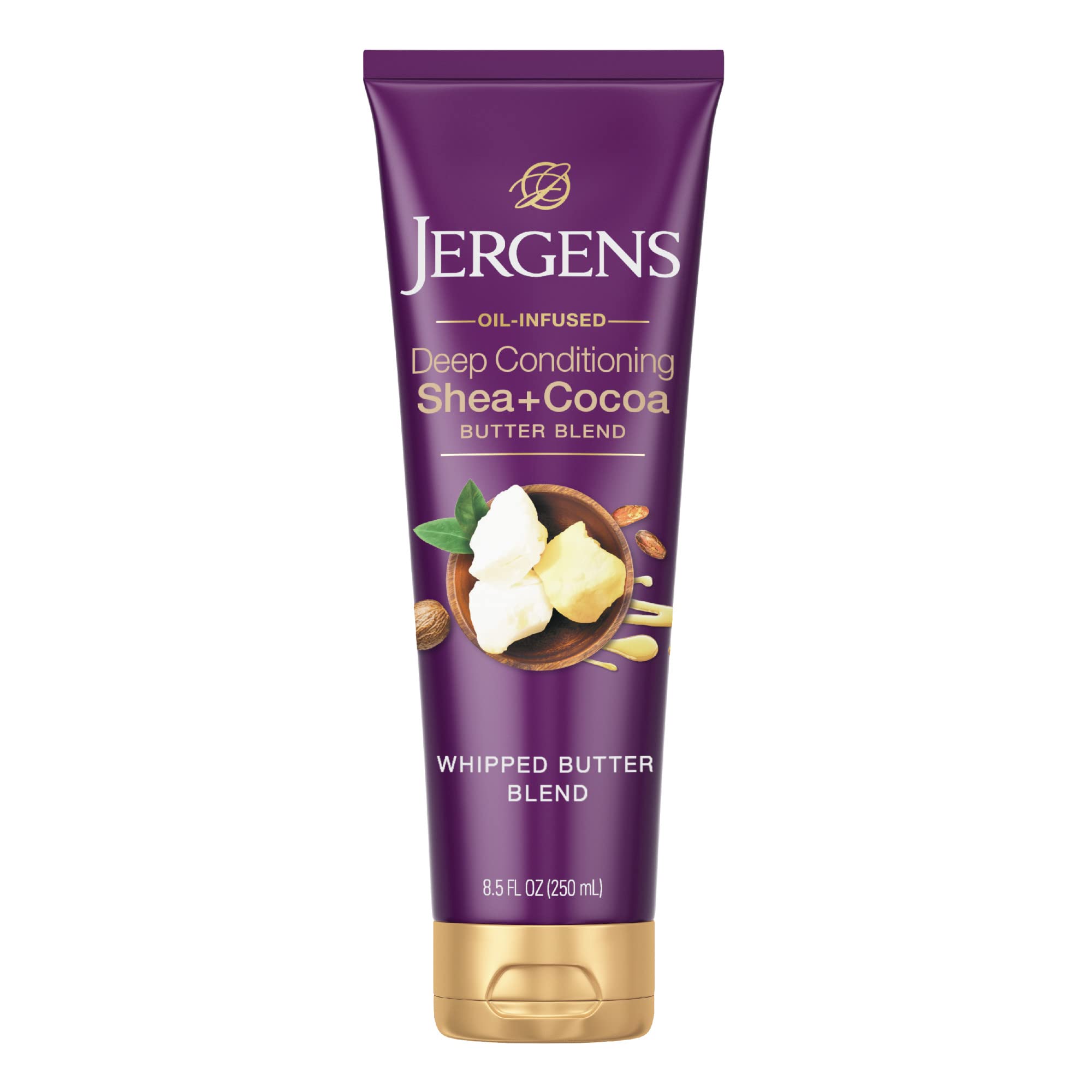 Jergens Shea Cocoa Whipped Butter bottle for deep hydration.