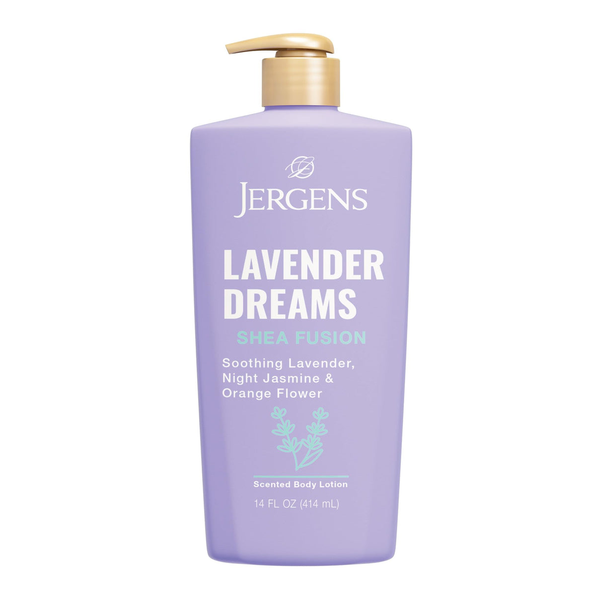Loción Jergens Shea Fusion Lavanda en botella, aroma relajante para piel suave e hidratada.
