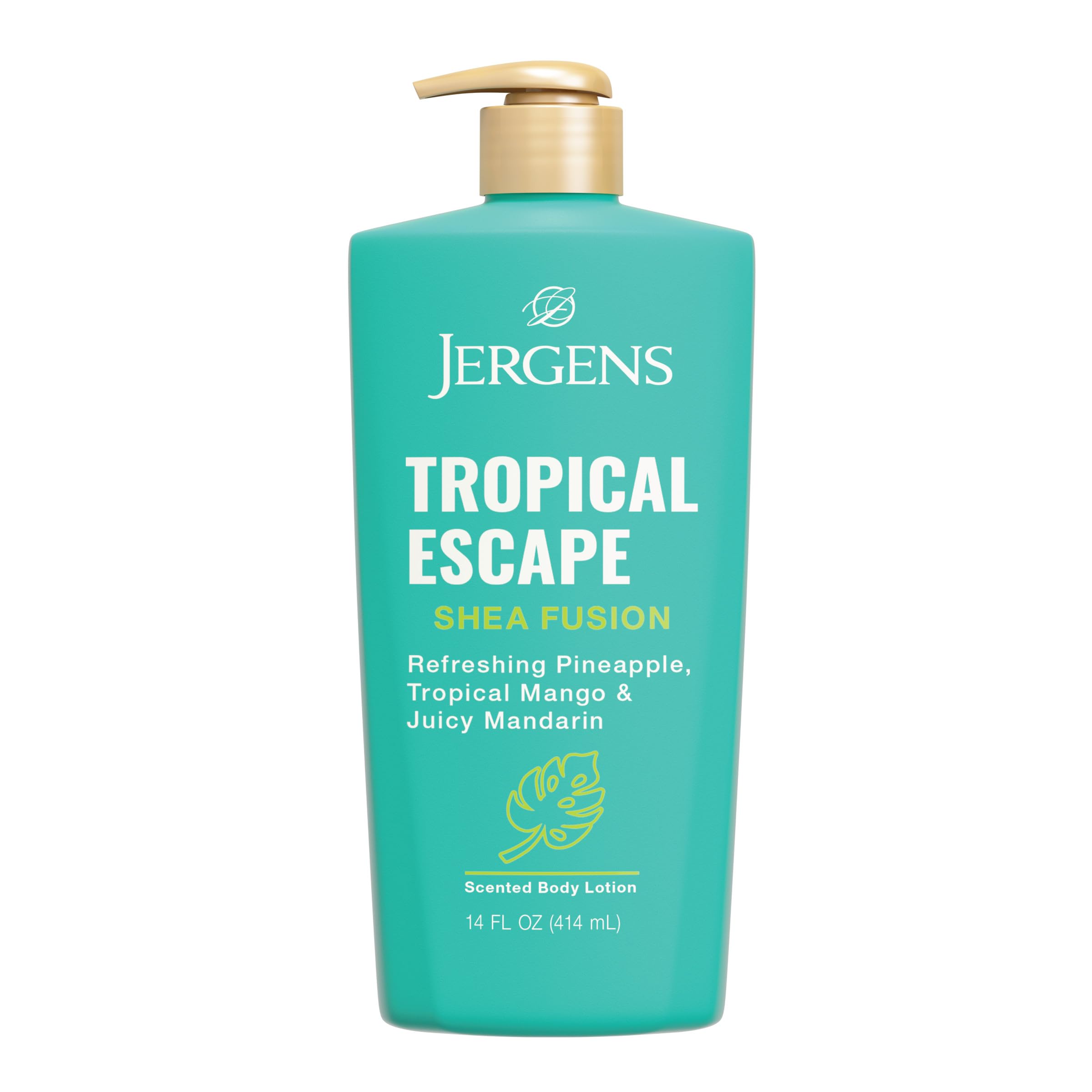 Loción Jergens Shea Fusion Tropical Escape, botella con aroma frutal tropical.