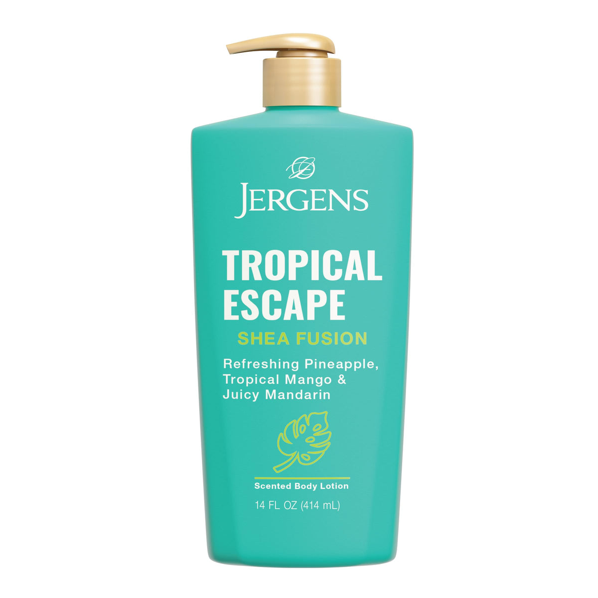 Loción Jergens Shea Fusion Tropical Escape, botella con aroma frutal tropical.