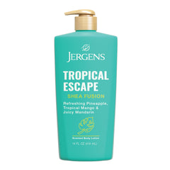 Loción Jergens Shea Fusion Tropical Escape, botella con aroma frutal tropical.