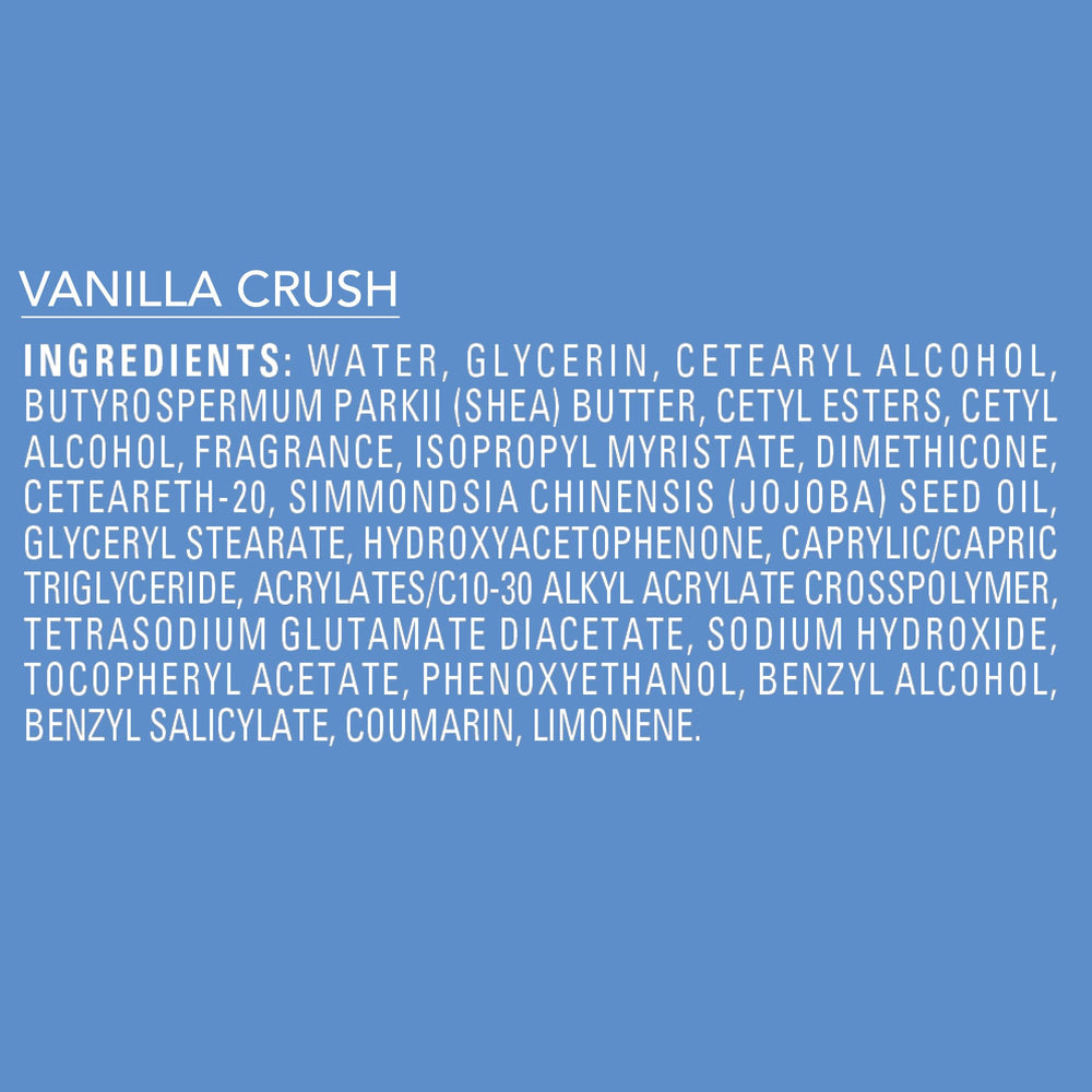 Jergens Shea Fusion Vanilla Crush contiene manteca de karité y vitamina E para cuidar la piel