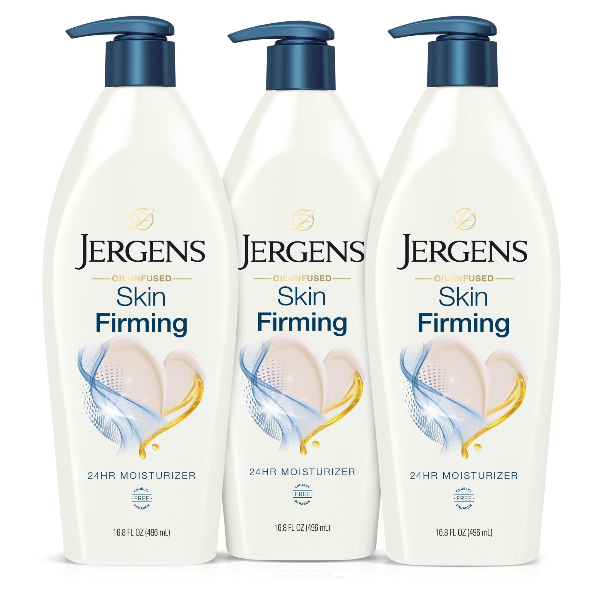 Jergens Skin Firming Lotion bottle on vanity showing hydration.