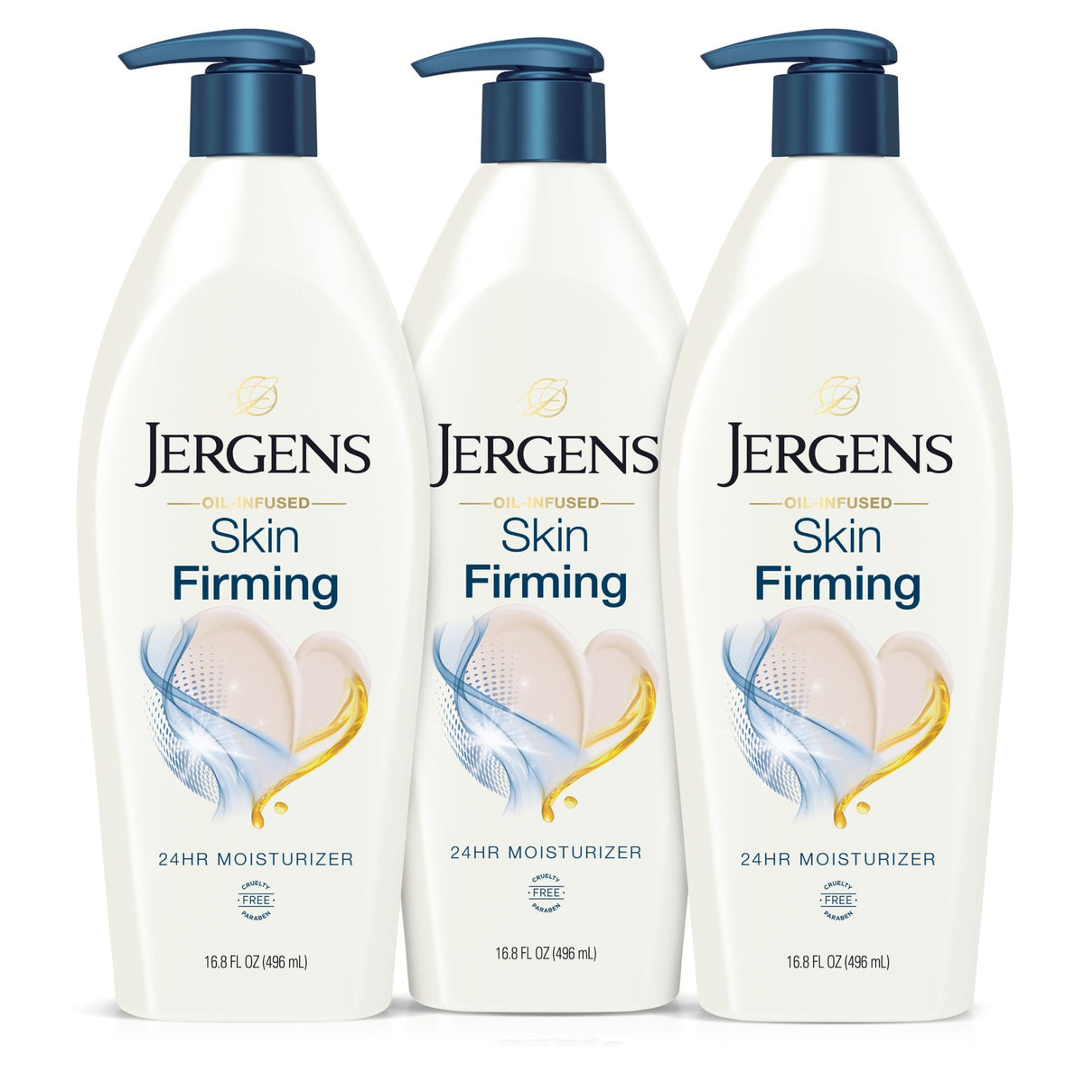 Jergens Skin Firming Lotion bottle on vanity showing hydration.
