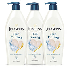 Jergens Skin Firming Lotion bottle on vanity showing hydration.
