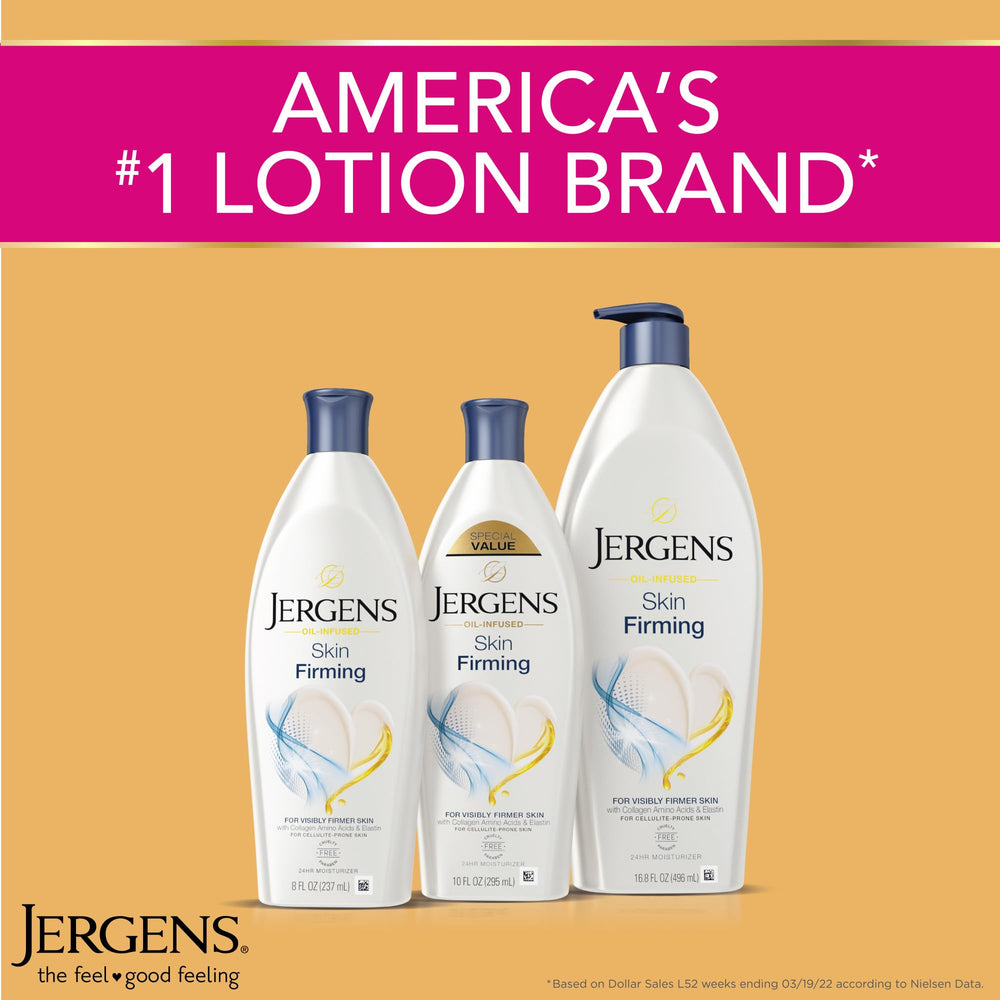 Dermatologist-tested seal beside Jergens Skin Firming Lotion.