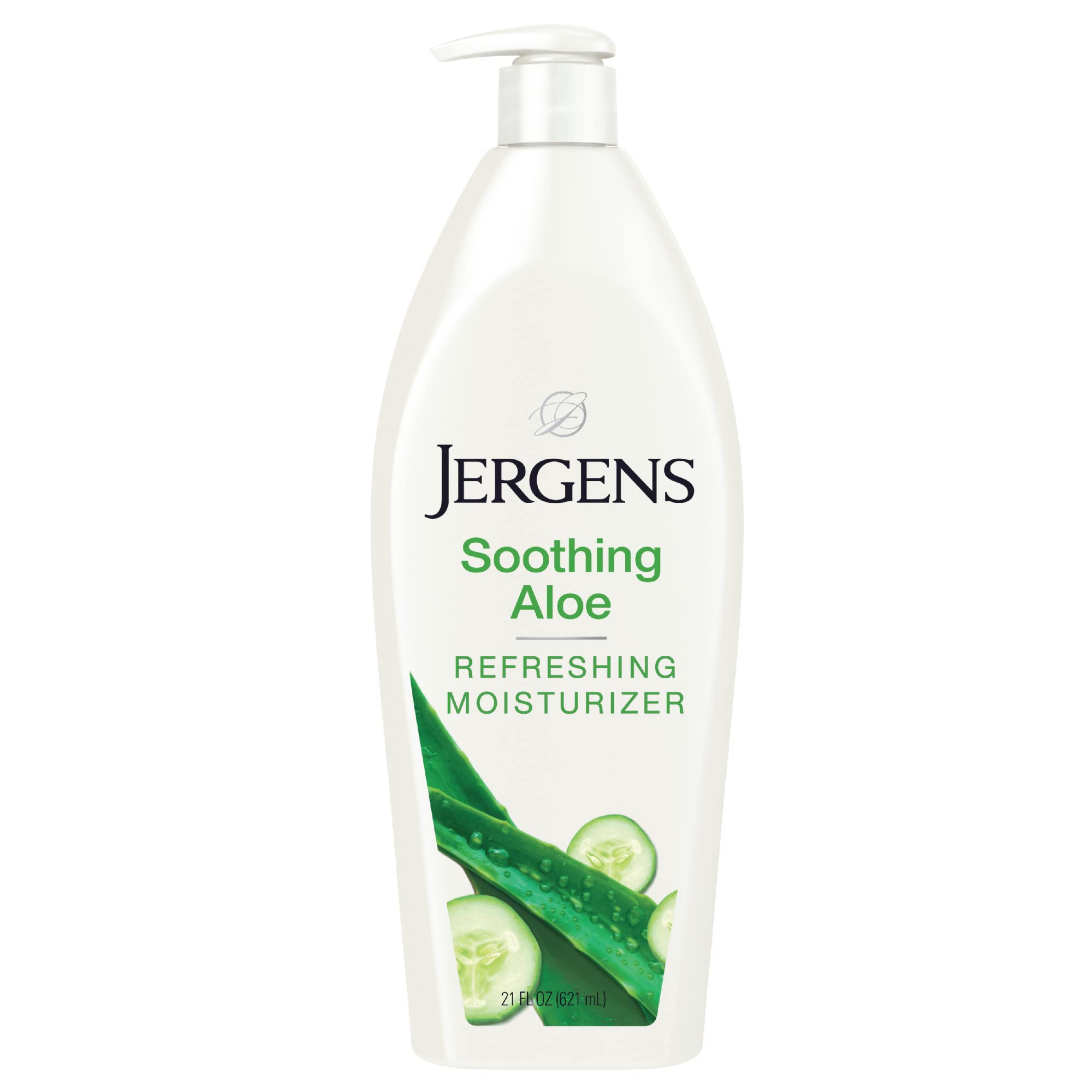 Jergens Soothing Aloe lotion bottle highlights hydration for dry skin.