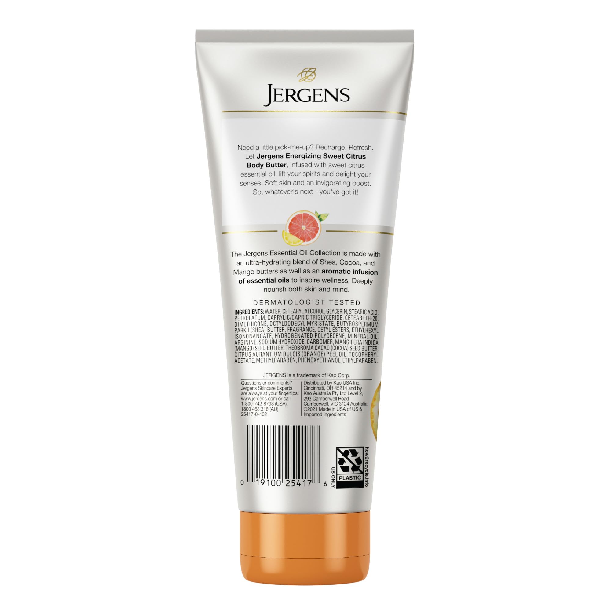 Lifestyle scene with Jergens Sweet Citrus Butter on a bathroom shelf.