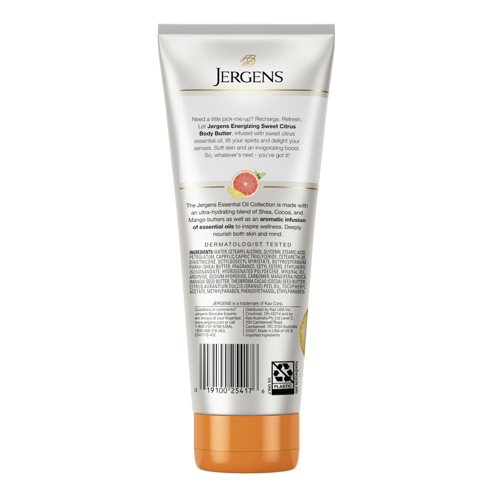 Lifestyle scene with Jergens Sweet Citrus Butter on a bathroom shelf.