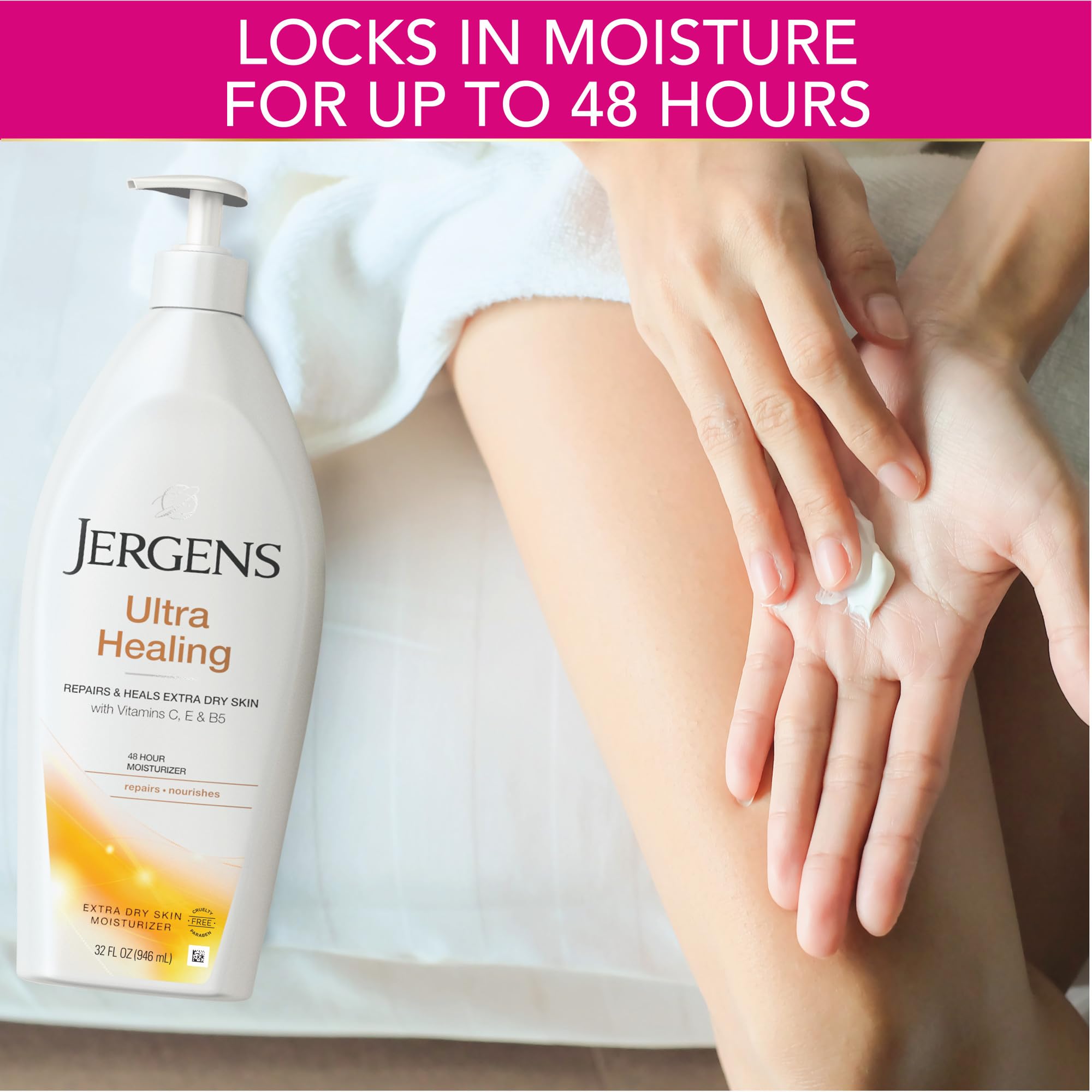 Talones secos reciben Loción Jergens Ultra Healing para suavidad.