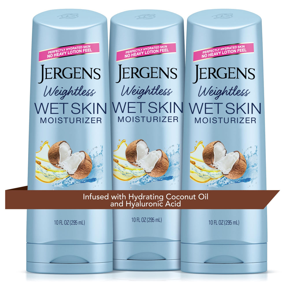Jergens Wet Skin Coconut Oil bottle demonstrates in-shower hydration for dry skin.