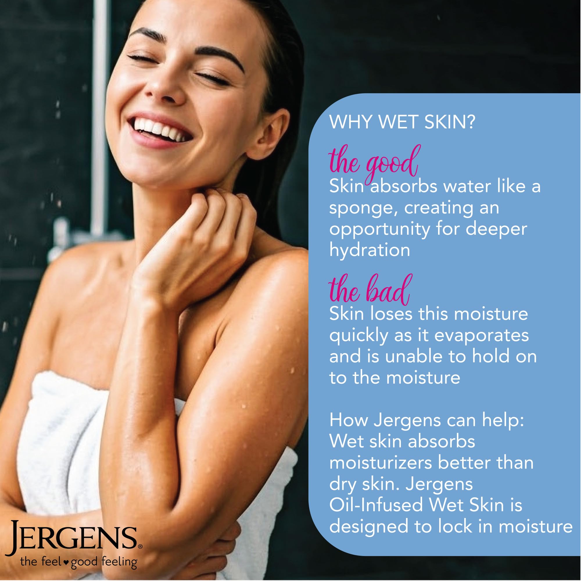 Jergens Wet Skin coconut oil lotion applied to wet skin for absorption.