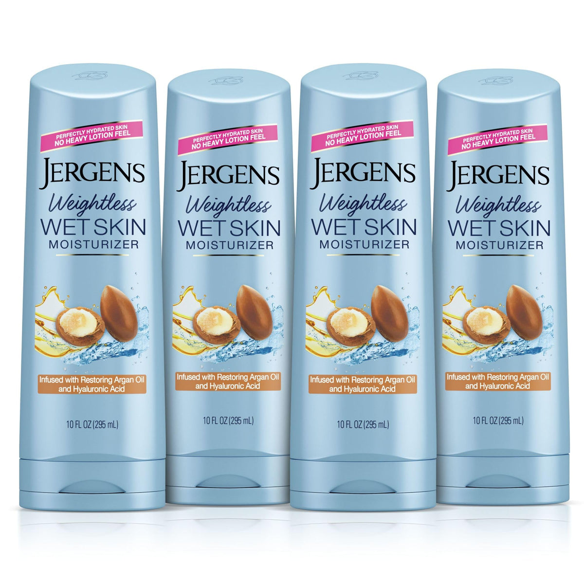Jergens Wet Skin Moisturizer bottle in shower for non-greasy hydration.