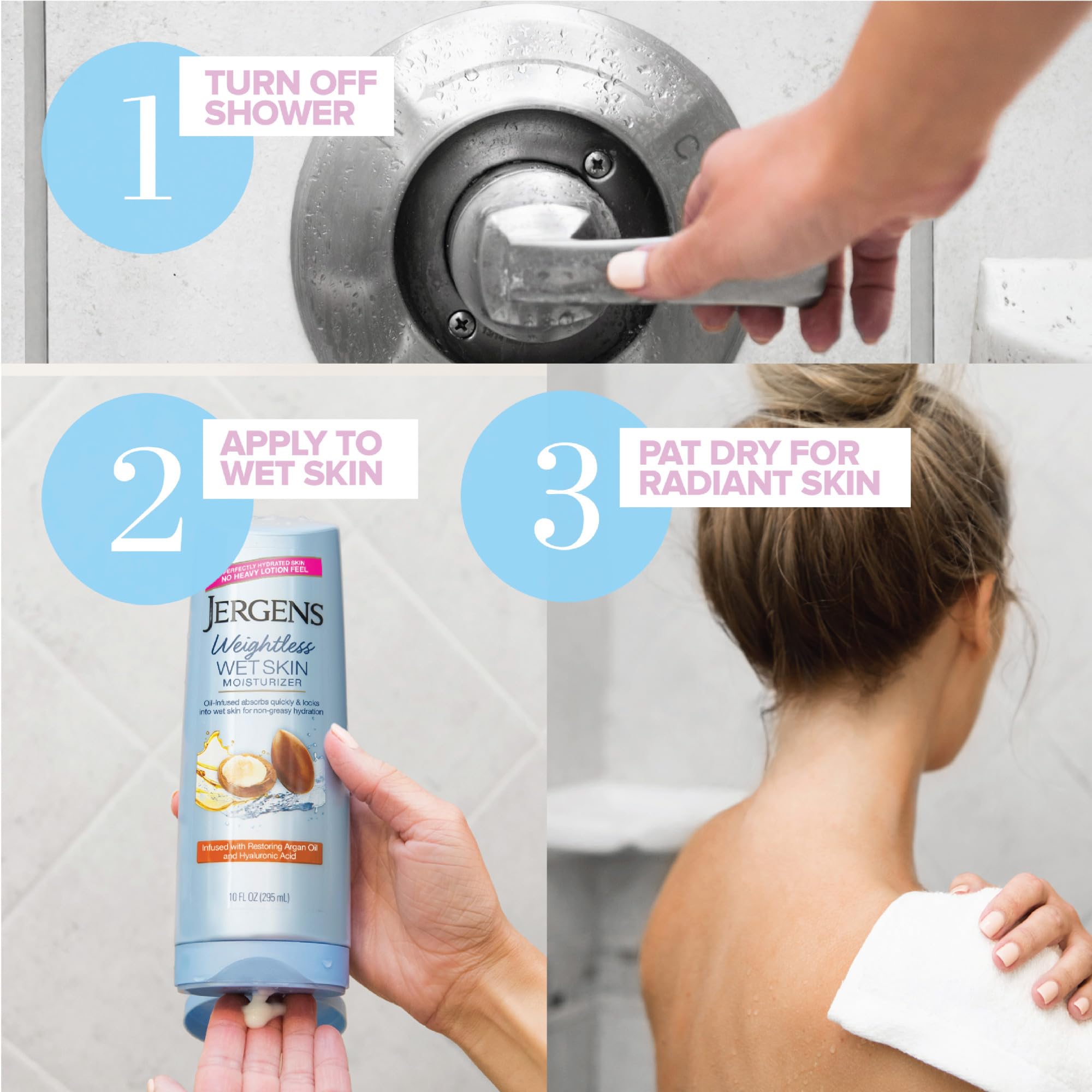 Shower routine with Jergens Wet Skin Moisturizer during the bath.
