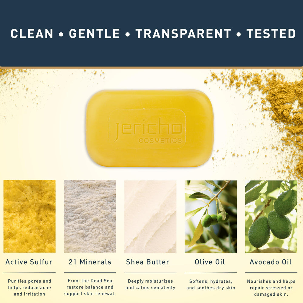 Jericho Dead Sea sulfur soap texture close-up showing creamy bar.