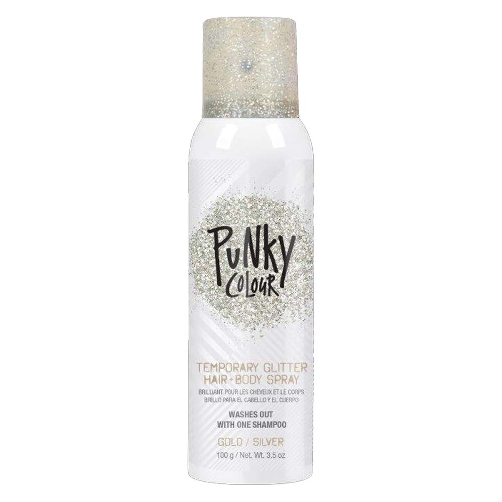 Jerome Russell Punky brillos dorados en spray para cabello y cuerpo, brillo luminoso y ligero.