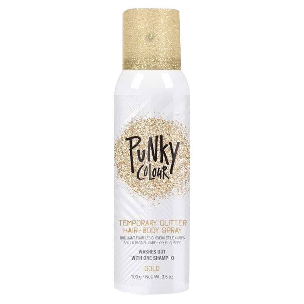 Jerome Russell Punky glitter spray in gold adds radiant hair shimmer and shine.