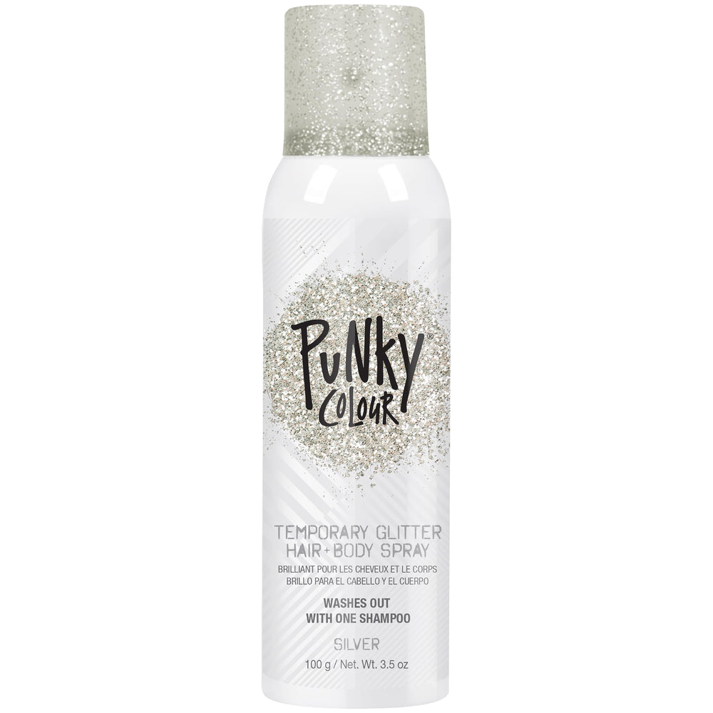 Jerome Russell Punky, spray purpurina plateado para cabello, brillo duradero y fácil lavado.